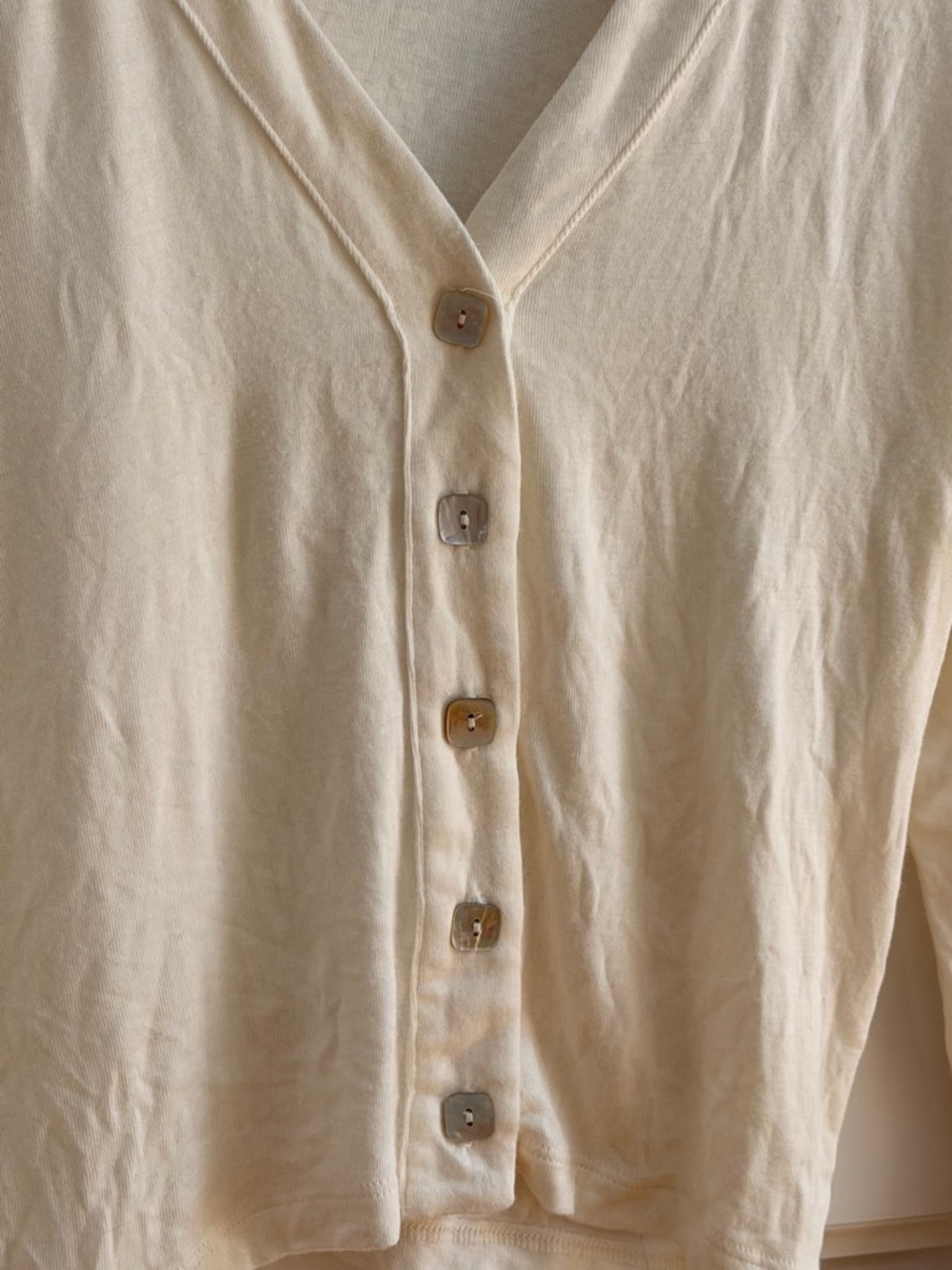 Relaxed Cream V-Neck Button-Front Women's Shirt - Picture 2 of 4
